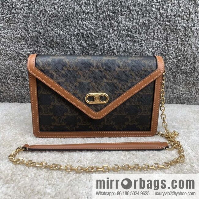 CELINE MAILLON TRIOMPHE logo printed sheepskin chain wallet 10H422 tan