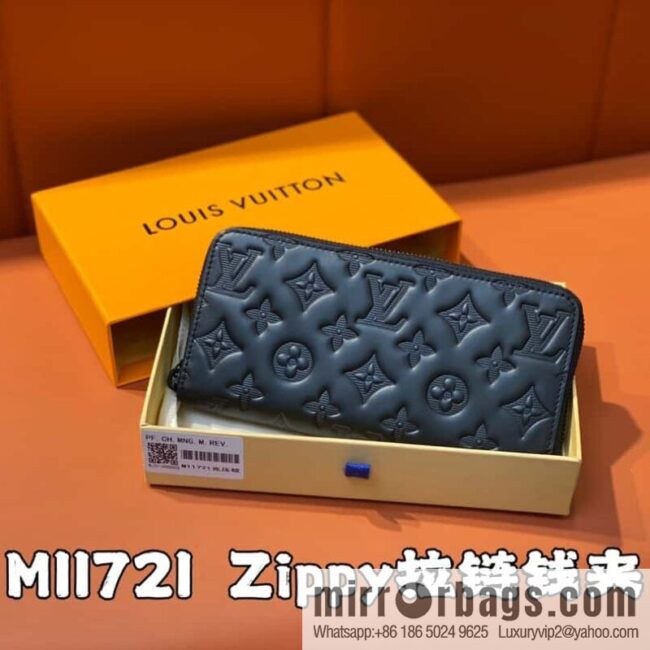 [Boutique‑grade] M11721 black embossed, full leather single zipper wallet series Zippy zipper wallet M60017 11721 black