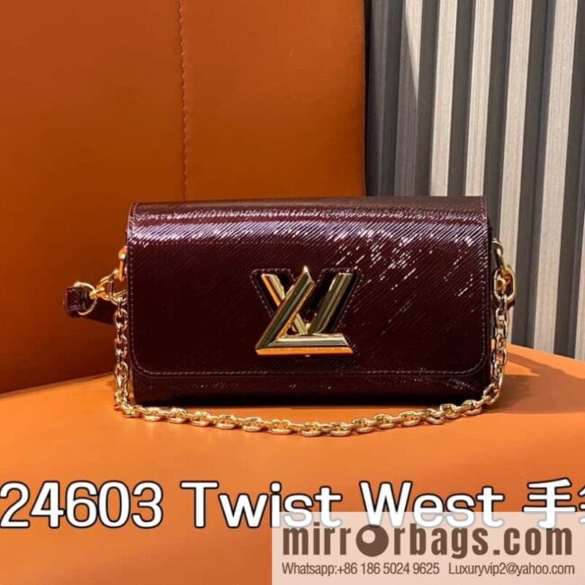 [Boutique‑grade] M24603 burgundy, patent leather water ripple chain bag Twist West handbag M24549 24603 burgundy, water ripple