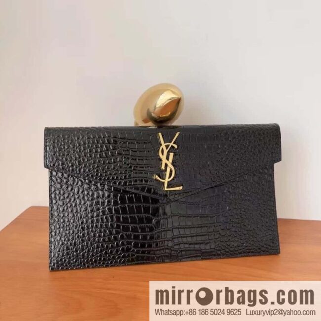 YSL 𝑼𝒑𝒕𝒐𝒘𝒏_ crocodile pattern clutch bag 565739 black/gold buckle
