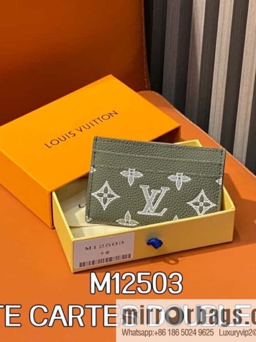 [Boutique‑grade] M12503 green full leather embossed, full leather card bag wallet series PORTE CARTES DOUBLE card holder