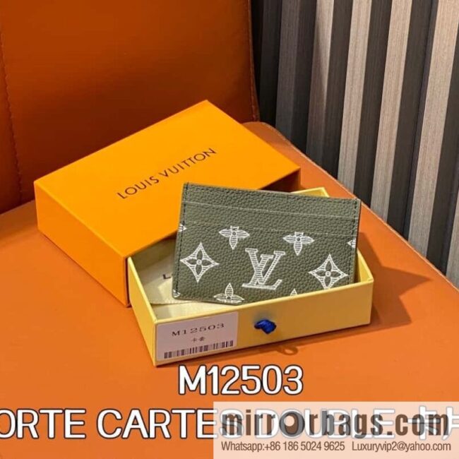 [Boutique‑grade] M12503 green full leather embossed, full leather card bag wallet series PORTE CARTES DOUBLE card holder