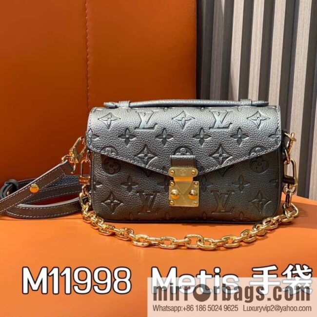 [Boutique‑grade] M11998 gun gray, full leather embossed chain messenger bag series Metis handbag