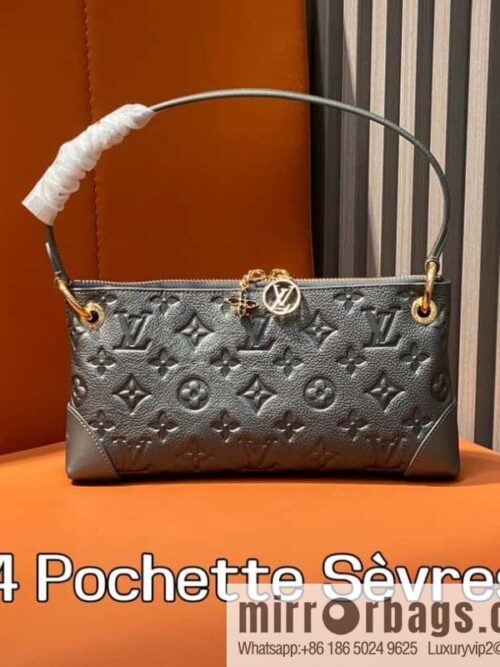 [Boutique‑grade] M12174 gun gray, full leather embossed armpit bag mahjong bag series Pochette Sèvres handbag