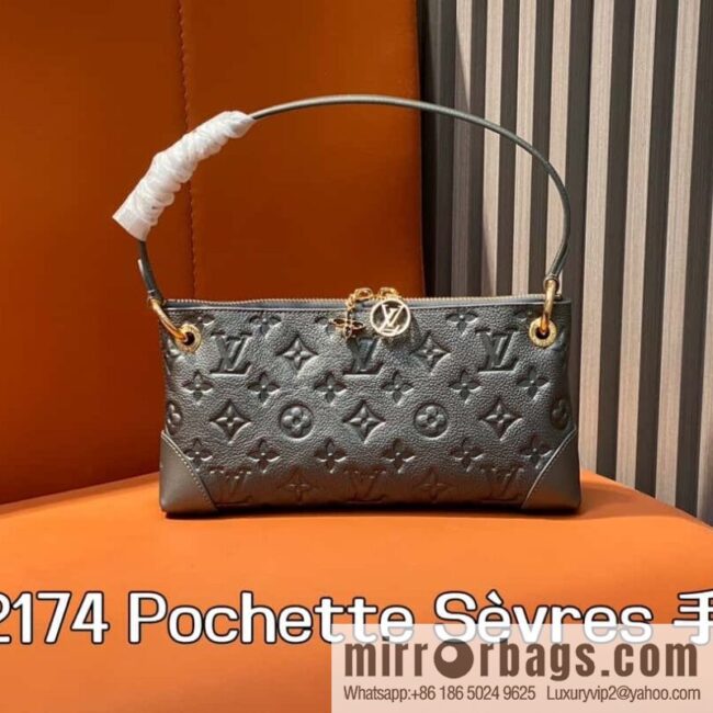 [Boutique‑grade] M12174 gun gray, full leather embossed armpit bag mahjong bag series Pochette Sèvres handbag