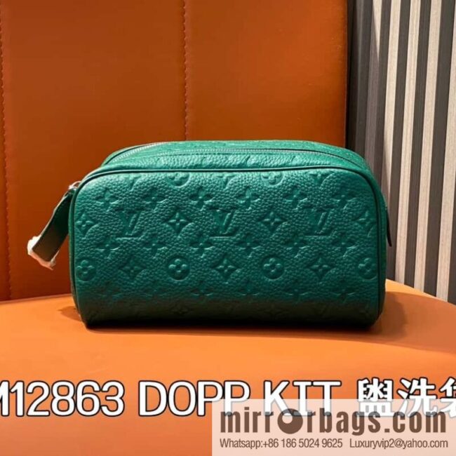 [Boutique‑grade] M12863 green full leather embossed, toilet bag series DOPP KIT toilet bag