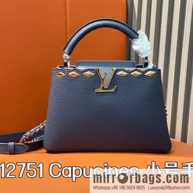 [Boutique‑grade] M12751 dark blue full leather rhombus model, full leather cap that English series, this Capucines small handbag