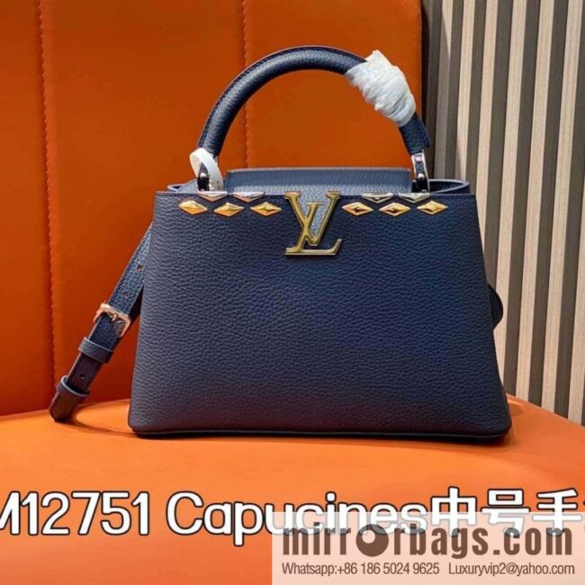 [Boutique‑grade] M12751 dark blue full leather rhombus, full leather cap Naxing series, this Capucines medium handbag