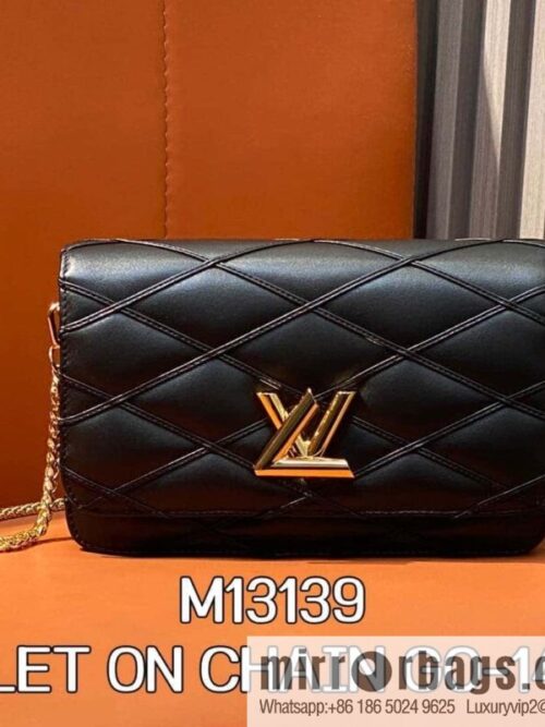 [Boutique‑grade] M13139 black, full leather rhombus chain bag WALLET ON CHAIN GO-14 handbag