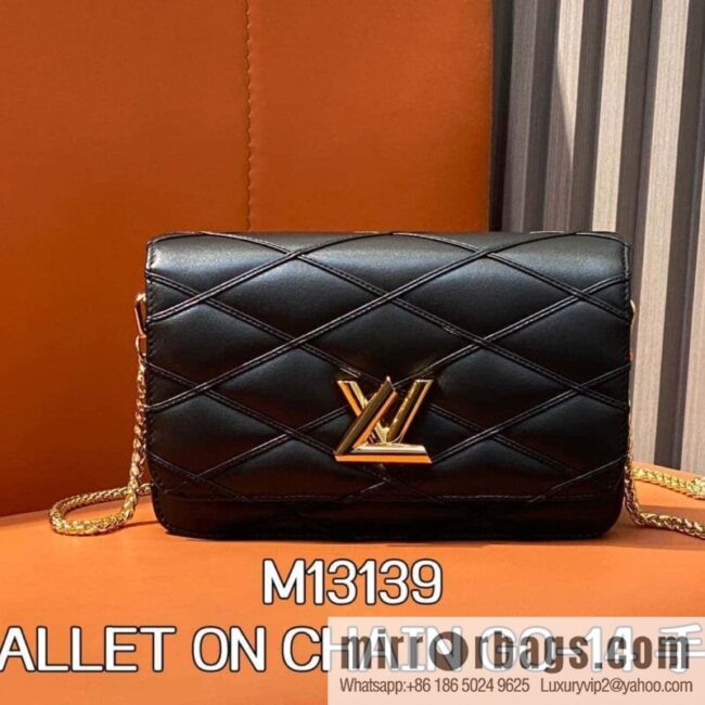 [Boutique‑grade] M13139 black, full leather rhombus chain bag WALLET ON CHAIN GO-14 handbag