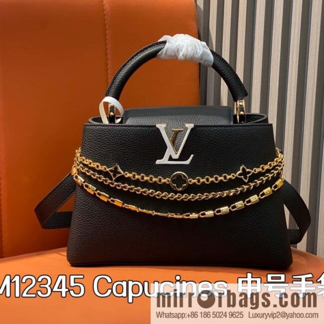 [Boutique‑grade] M12345 black full leather cap that English Capucines medium handbag