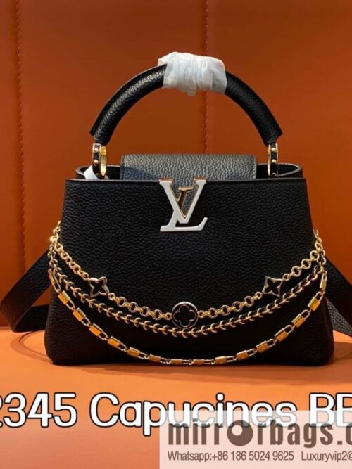 [Boutique‑grade] M12345 black, full leather cap that British Capucines BB handbag