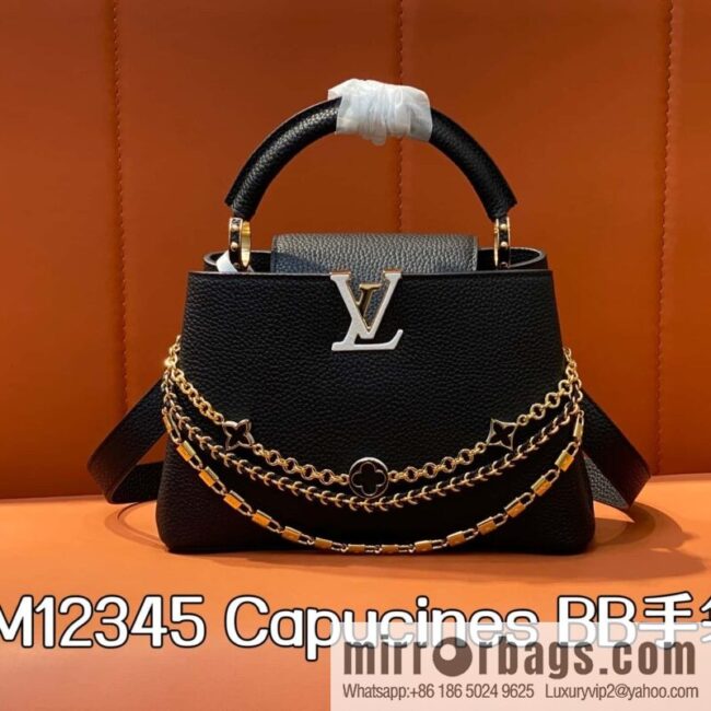 [Boutique‑grade] M12345 black, full leather cap that British Capucines BB handbag