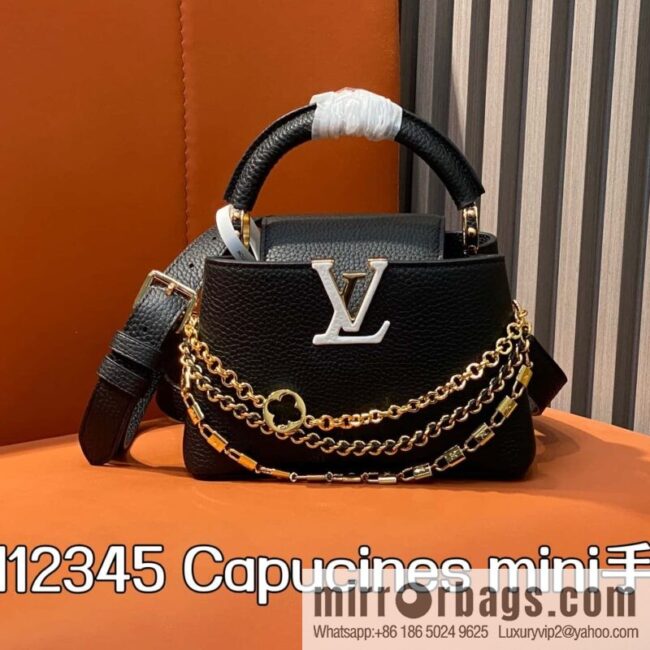 [Boutique‑grade] M12345 black full leather cap that English model, this Capucines mini handbag
