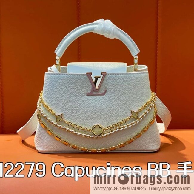 [Boutique‑grade] M12279 white, full leather cap that English Capucines BB handbag
