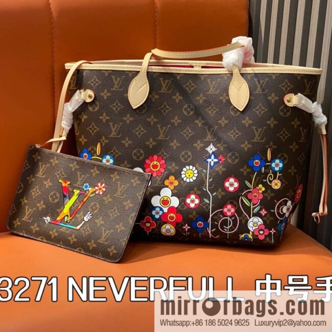 [Boutique‑grade] M13271 presbyopia, silk screen flower shopping bag NEVERFULL medium handbag