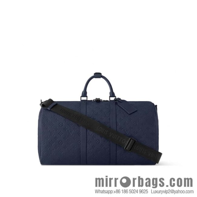 [Premium‑quality] M14840 dark blue, full leather embossed travel bag KEEPALL BANDOULIZRE 50 travel bag