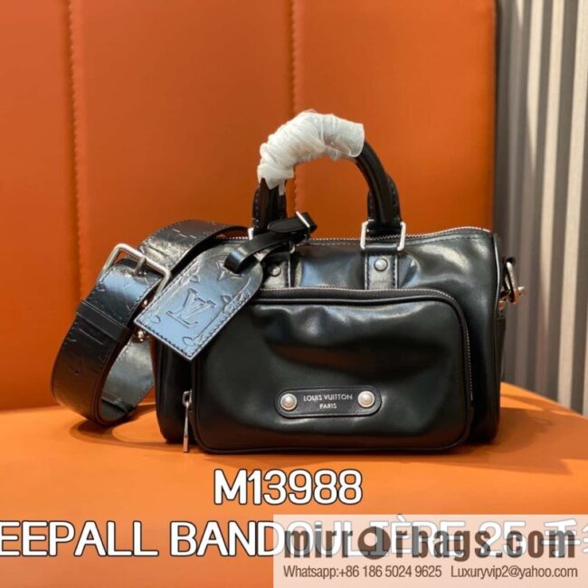 [Boutique‑grade] M13988 black full leather men\'s bag, pillow bag KEEPALL BANDOULIZRE 25 handbag