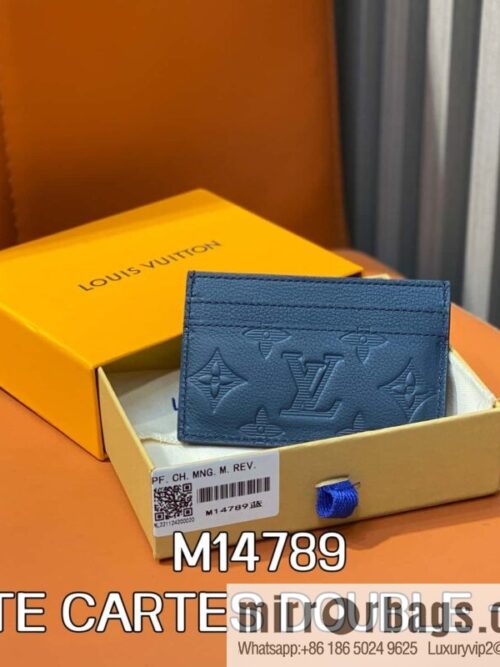 [Boutique‑grade] M14789 dark blue full leather embossed card holder wallet PORTE CARTES DOUBLE card