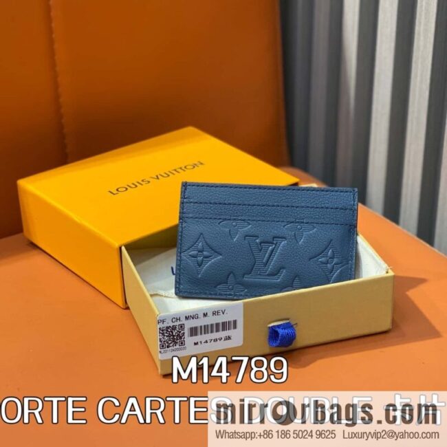 [Boutique‑grade] M14789 dark blue full leather embossed card holder wallet PORTE CARTES DOUBLE card