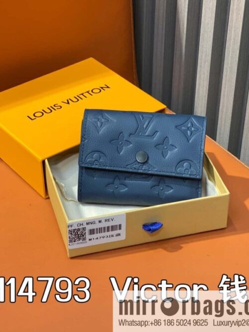 [Premium‑quality] M14793 dark blue, full leather embossed M12598 tri-fold wallet Victor wallet