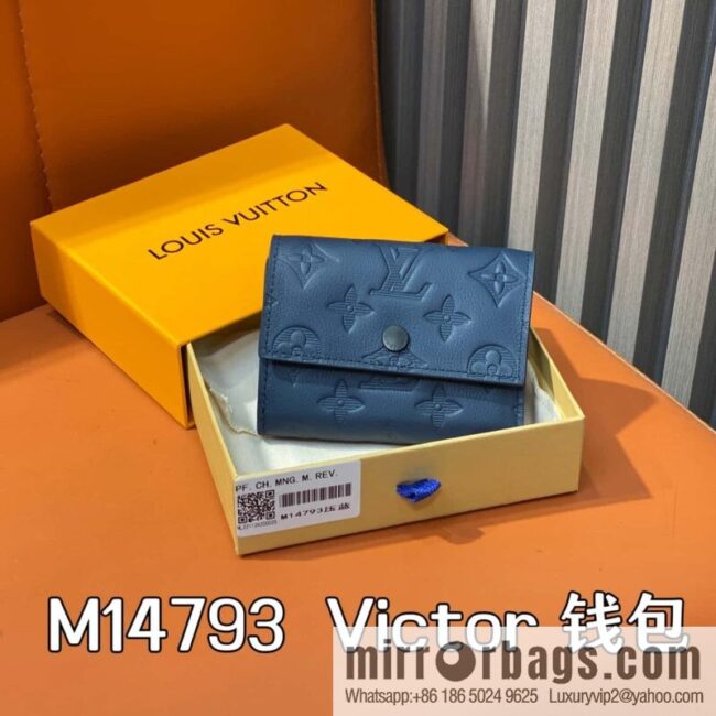 [Premium‑quality] M14793 dark blue, full leather embossed M12598 tri-fold wallet Victor wallet