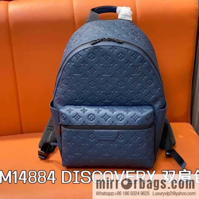 [Premium‑quality] M14884 dark blue, opposite version shoulder strap full leather embossed backpack DISCOVERY backpack